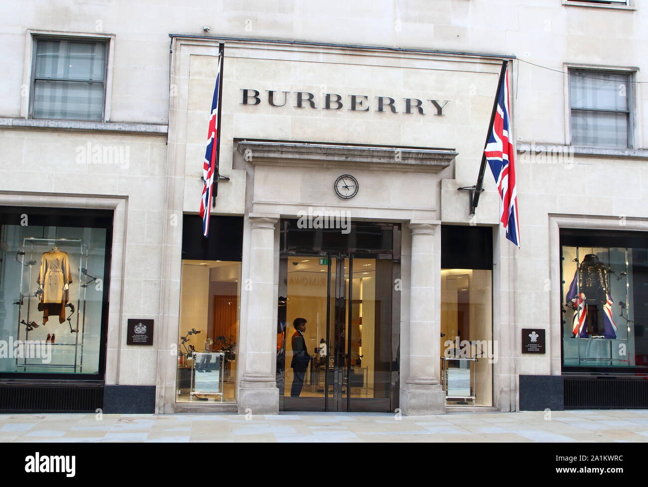 September 26, 2019, London, United Kingdom: Union Jack flags outside the  British fashion house, Burberry store in the Luxury Fashion and Jewellery  shopping area on London's New Bond Street. (Credit Image: ©