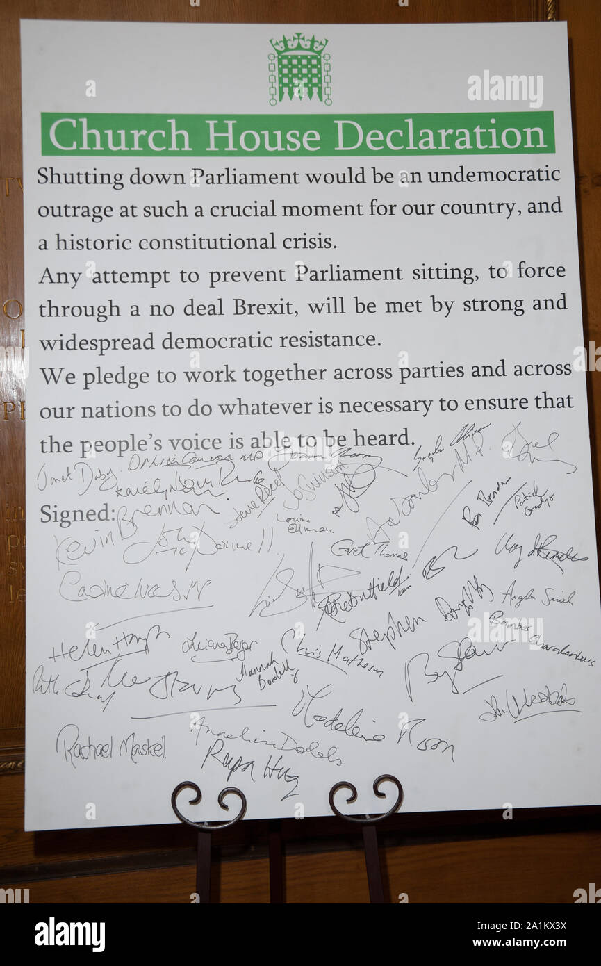 Cross Party leaders and MP’s sign the Church House Declaration, in an attempt to stop the shutting of Parliament, and to stop a no deal Brexit going through. Church House, London. 27.08.19 Featuring: View Where: London, United Kingdom When: 27 Aug 2019 Credit: WENN.com Stock Photo
