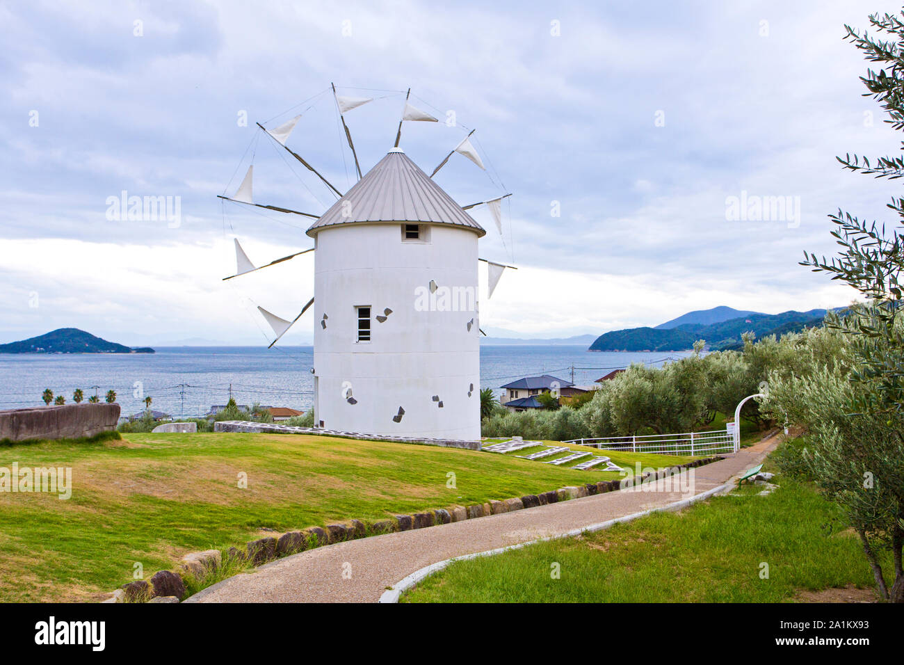 Old windmill in olive park,Shodoshima,Japan Stock Photo Alamy