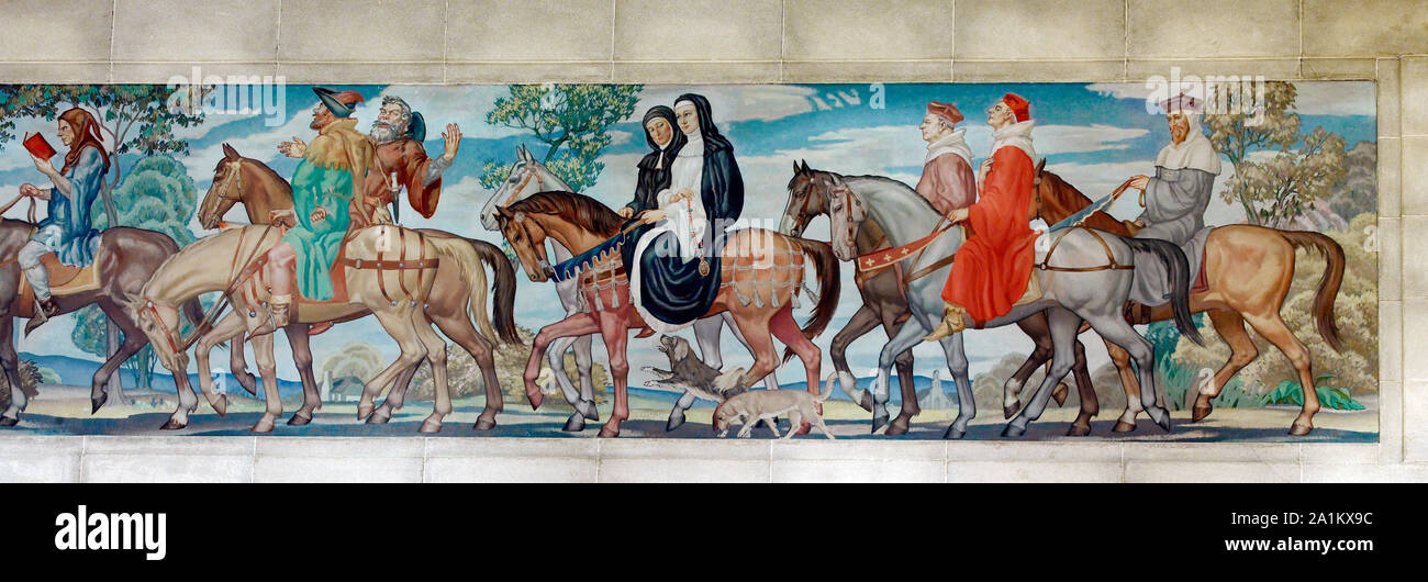 North Reading Room, west wall. Detail of mural by Ezra Winter illustrating the characters in the Canterbury Tales by Geoffrey Chaucer. Library of Congress John Adams Building, Washington, D.C. Stock Photo