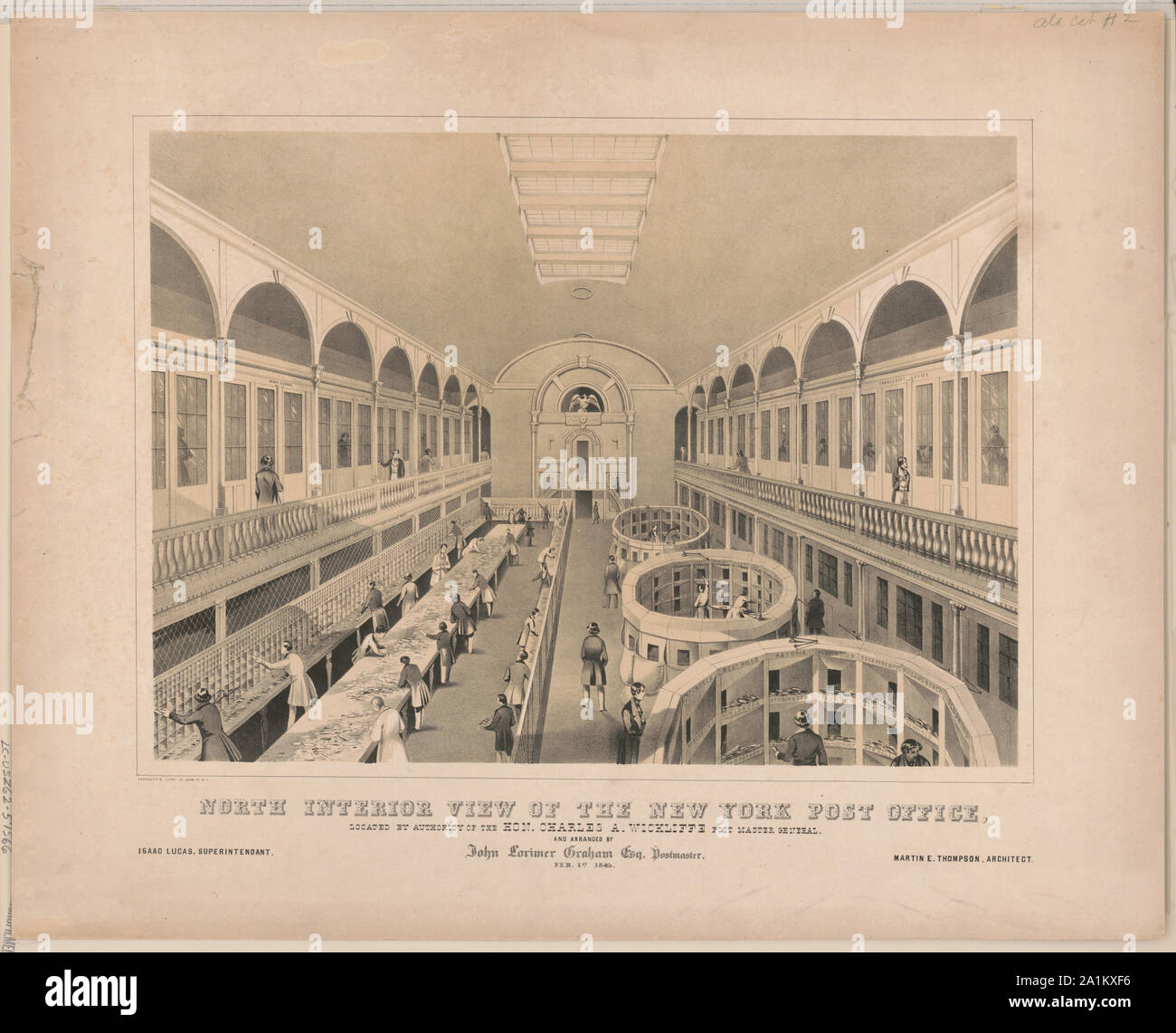 North interior view of the New York post office, located by authority of the Hon. Charles A. Wickliffe Post Master General and arranged by John Lorimer Graham Esq. Postmaster, Feb. 1st 1845 Stock Photo
