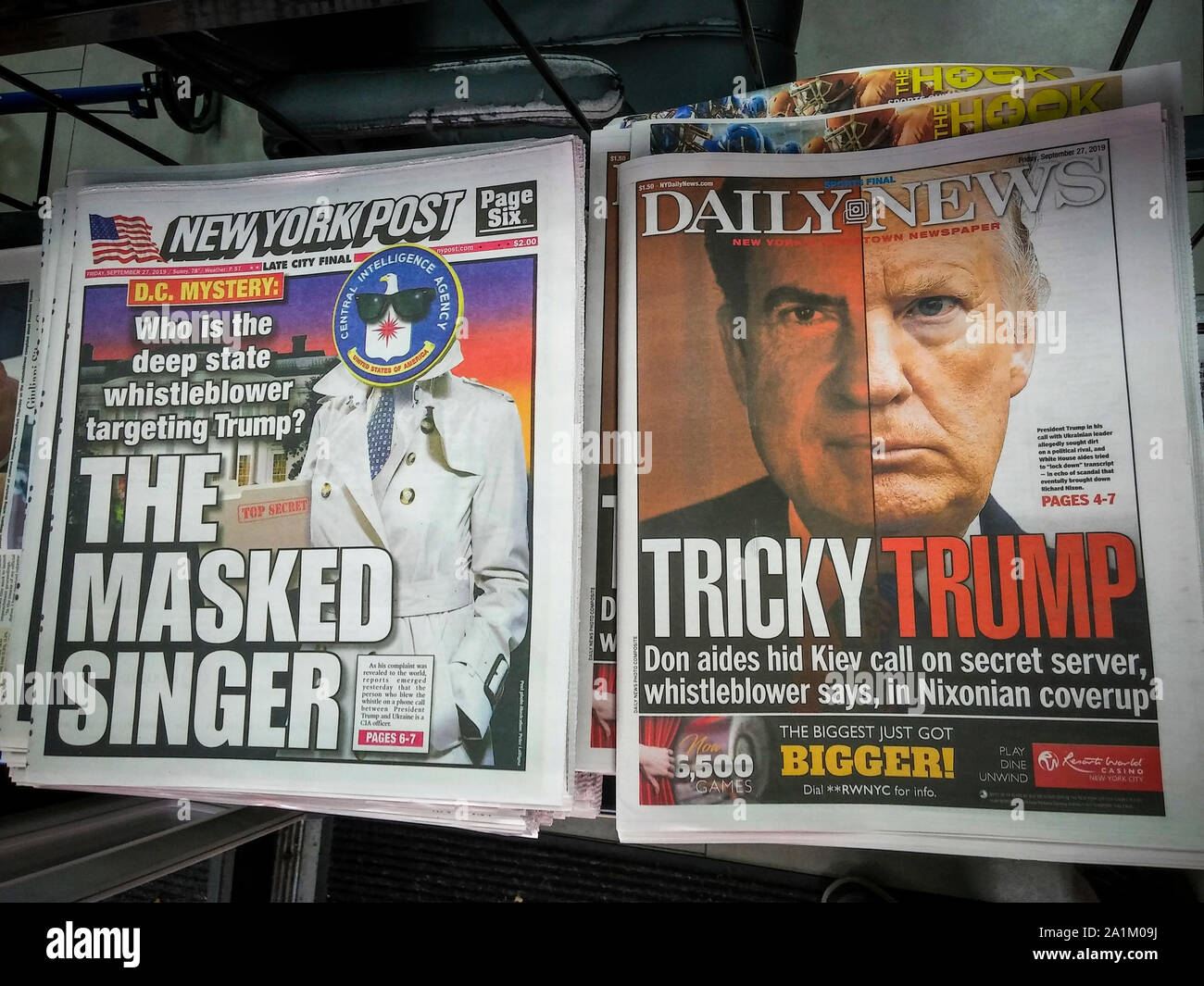 Headlines of the NY Daily News and the NY Post report on Friday, September 27, 2019 on the ongoing controversy of the “formal impeachment inquiry” of President Donald Trump. (© Richard B. Levine) Stock Photo