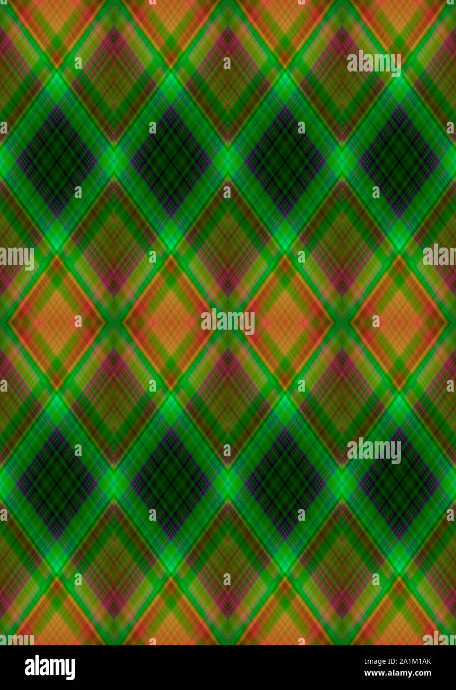 Bright seamless background in green shades with patterns of rhombuses  obtained from the intersection of magenta, orange and green stripes Stock Photo