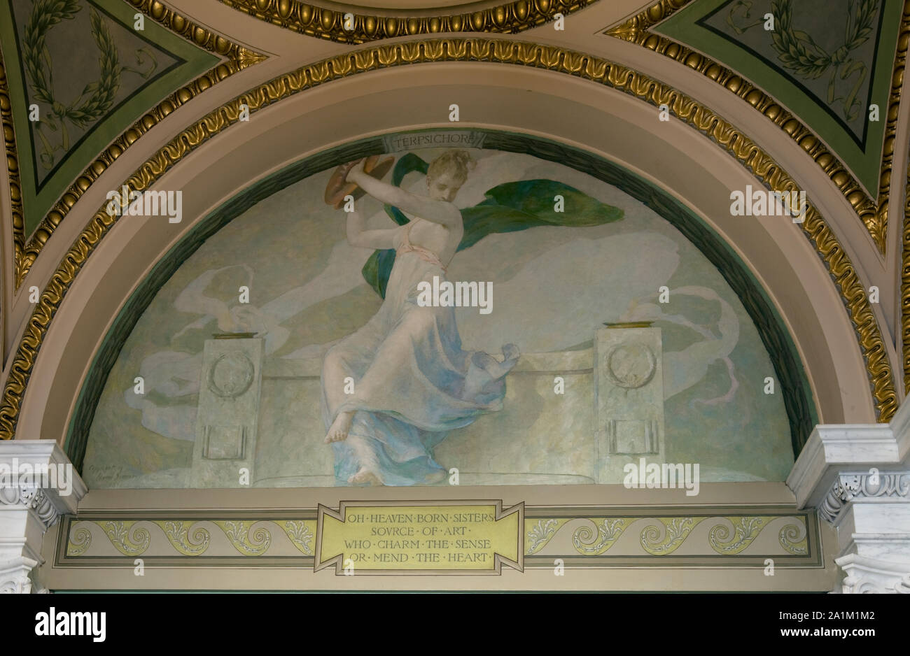 Northwest Corridor, First Floor. Mural depicting the muse Terpsichore (Dancing), by Edward Simmons. Library of Congress Thomas Jefferson Building, Washington, D.C. Stock Photo