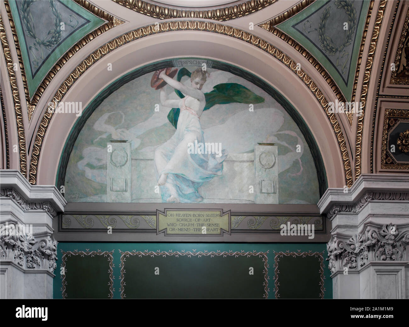 Northwest Corridor, First Floor. Mural depicting the muse Terpsichore (Dancing), by Edward Simmons, with quotation beginning Oh heaven born sisters .... Library of Congress Thomas Jefferson Building, Washington, D.C. Stock Photo