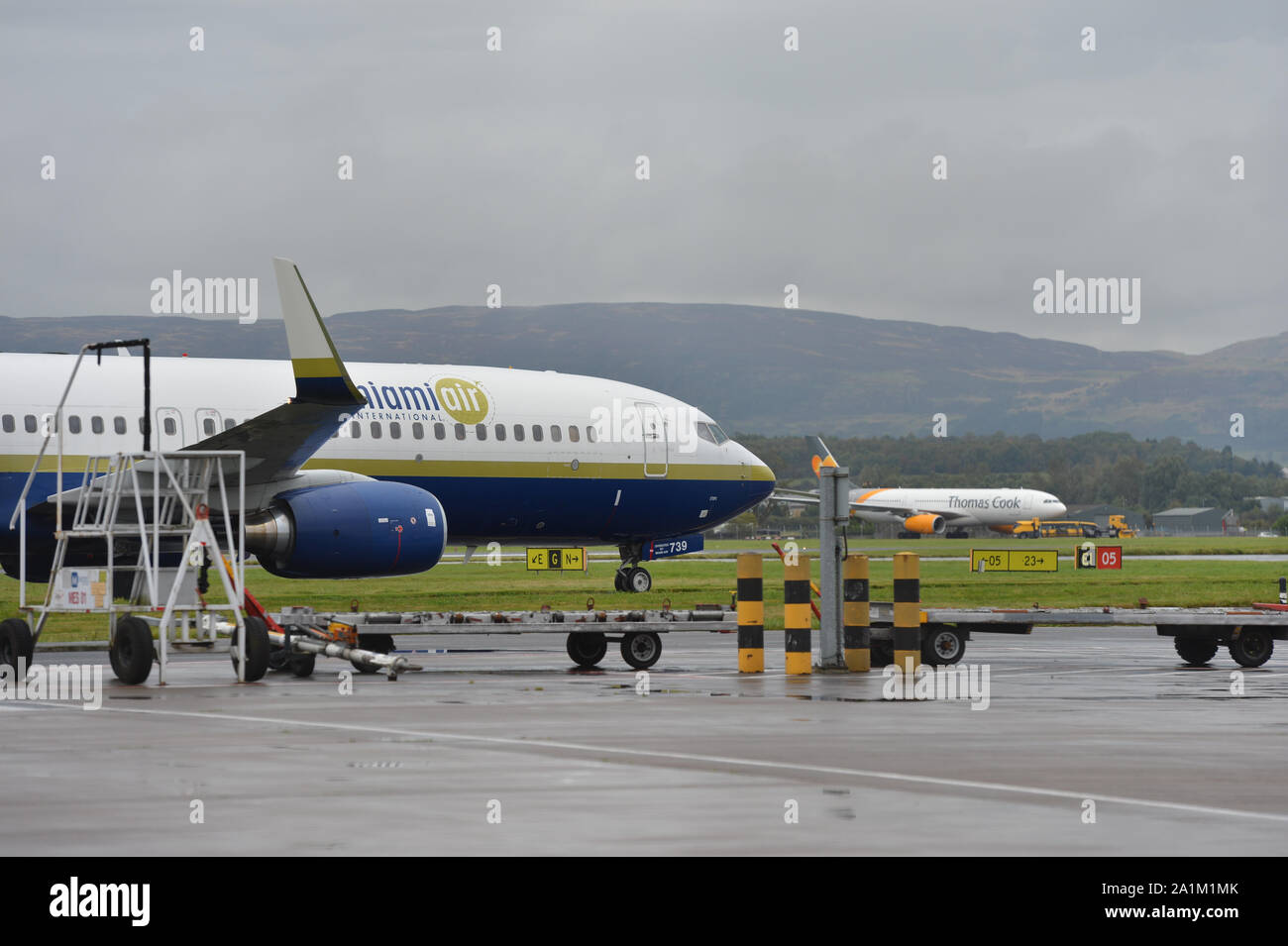 Glasgow, UK. 27th Sep, 2019. Following the immediate fallout from the collapsed tour company Thomas Cook, Operation Matterhorn is still in full flight at Glasgow Airport. Miami Air Boeing 737-800 aircraft seen taking stranded passengers back from Spain and mainland Europe. Note: This aircraft was also used previously by the United States Government for transporting prisoners to and from the infamous Guantanamo Bay. Credit: Colin Fisher/Alamy Live News Credit: Colin Fisher/Alamy Live News Stock Photo