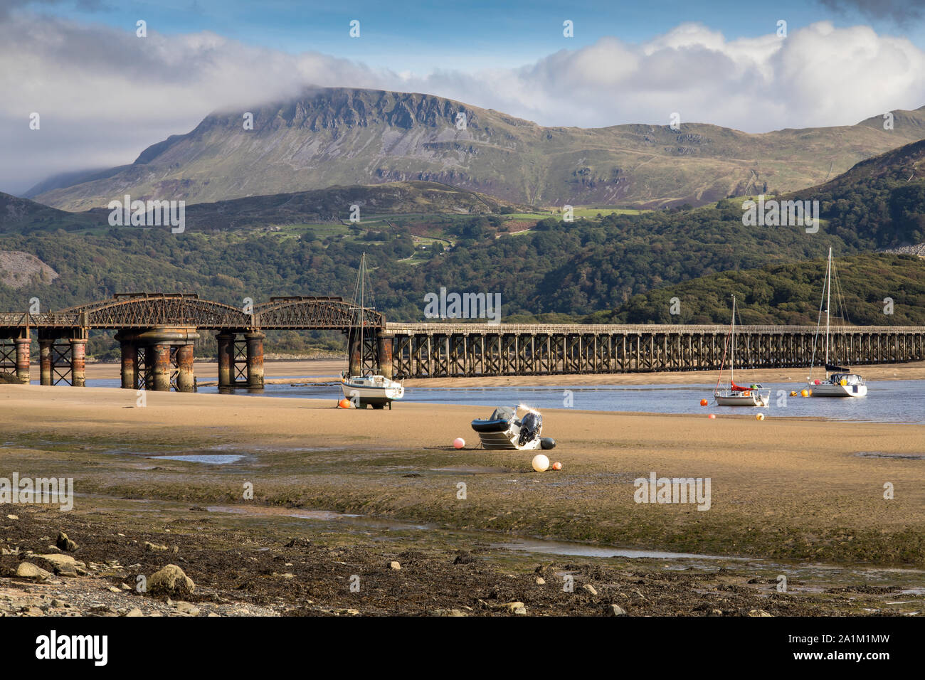 Rail bridge across River Mawddach Estuary, Barmouth, Gwynedd, Wales