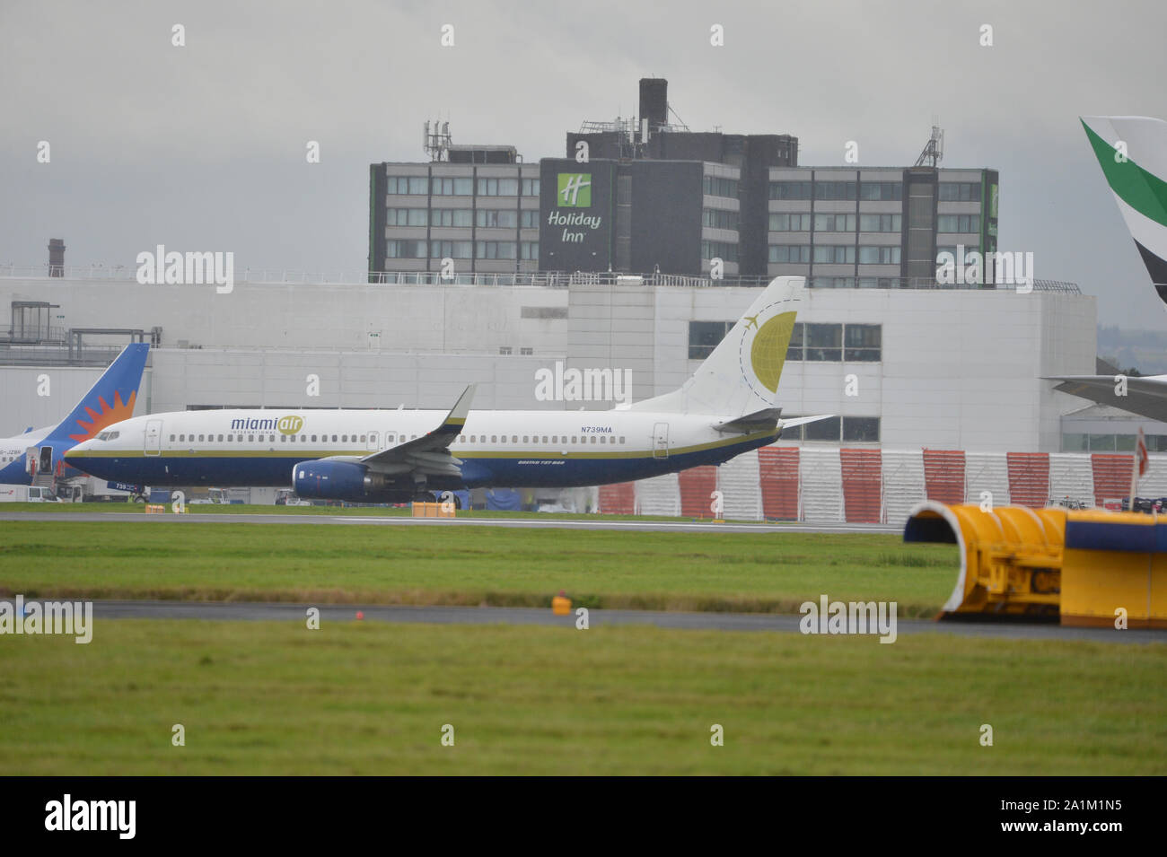 Glasgow, UK. 27th Sep, 2019. Following the immediate fallout from the collapsed tour company Thomas Cook, Operation Matterhorn is still in full flight at Glasgow Airport. Miami Air Boeing 737-800 aircraft seen taking stranded passengers back from Spain and mainland Europe. Note: This aircraft was also used previously by the United States Government for transporting prisoners to and from the infamous Guantanamo Bay. Credit: Colin Fisher/Alamy Live News Credit: Colin Fisher/Alamy Live News Stock Photo