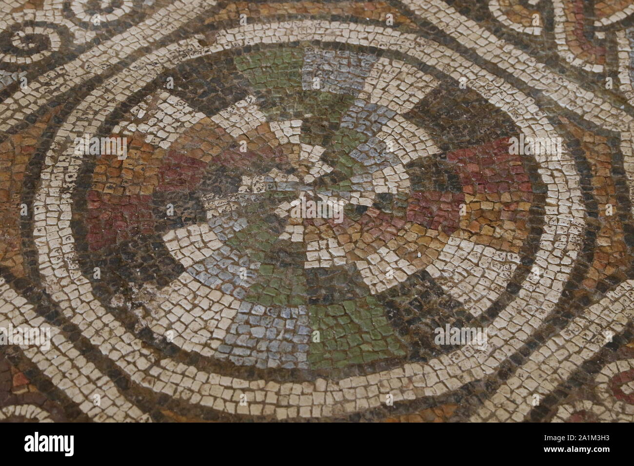 Roman mosaic floor located in archaeological site in The Bishop's Basilica of Philippopolis, the city of Plovdiv, Bulgaria. Mosaic floor. Roman mosaic Stock Photo