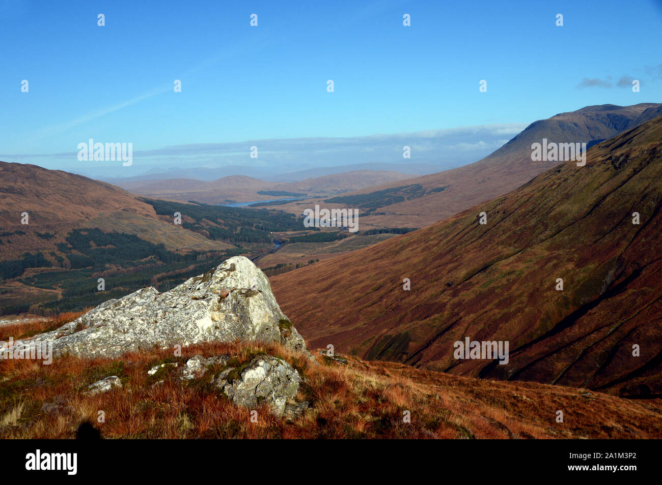 Glen Orchy, Loch Tulla and the Bridge of Orchy from the Northern Ridge of the Corbett Beinn Udlaidh, Glen Orchy, Scottish Highlands, Scotland, UK. Stock Photo