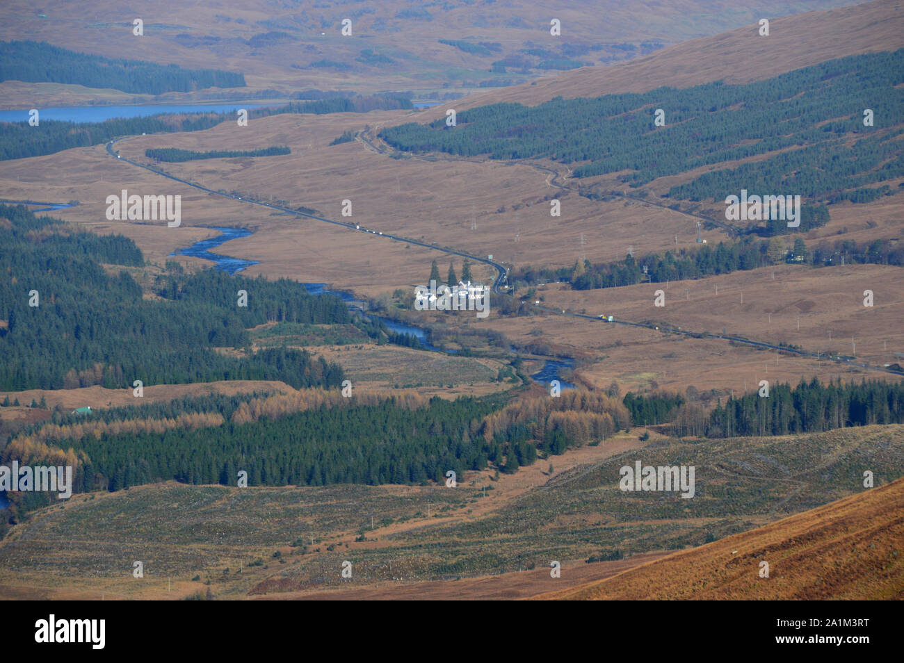 Glen Orchy, Loch Tulla and the Bridge of Orchy from the Northern Ridge of the Corbett Beinn Udlaidh, Glen Orchy, Scottish Highlands, Scotland, UK. Stock Photo