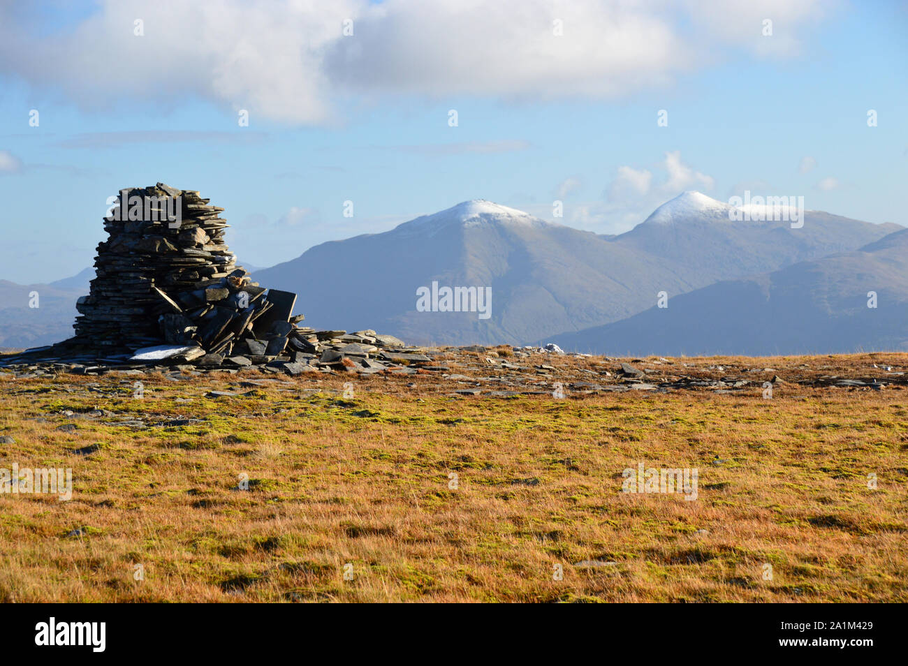 The Munros Ben More and Stob Binnein from the Pile of Stones on the Summit of the Corbett Beinn Udlaidh, Glen Orchy, Scottish Highlands, Scotland, UK. Stock Photo