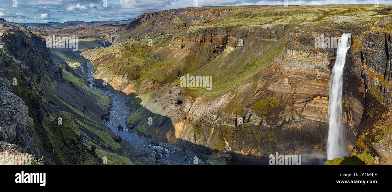 Haifoss Waterfall and gorge Panorama in the Highlands, Iceland Stock Photo