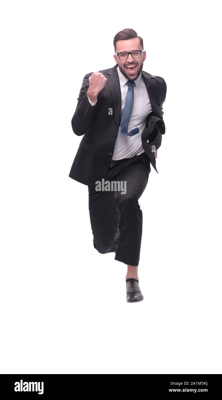 in full growth. happy dancing young businessman Stock Photo