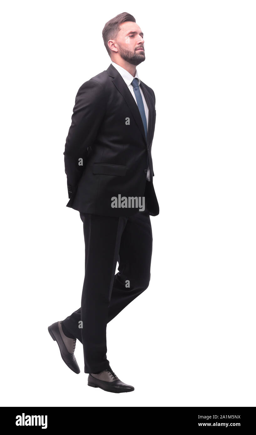 Forwardview Impage rear view. pensive businessman stepping forward . isolated on white ...