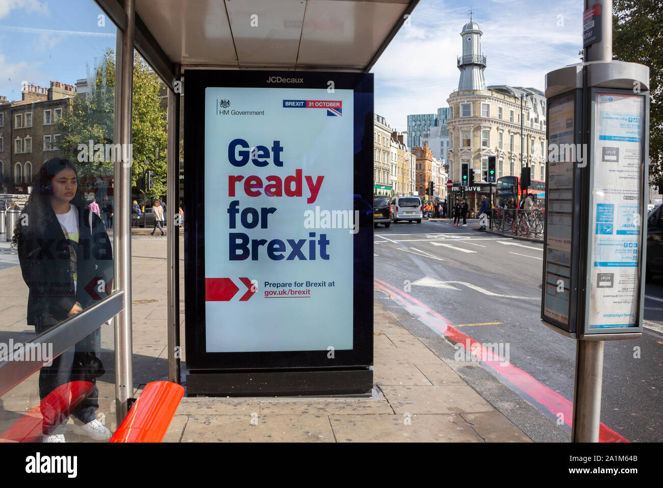 London UK. 27 September 2019. Get ready for Brexit HM Government advertising on bus shelters. Stock Photo