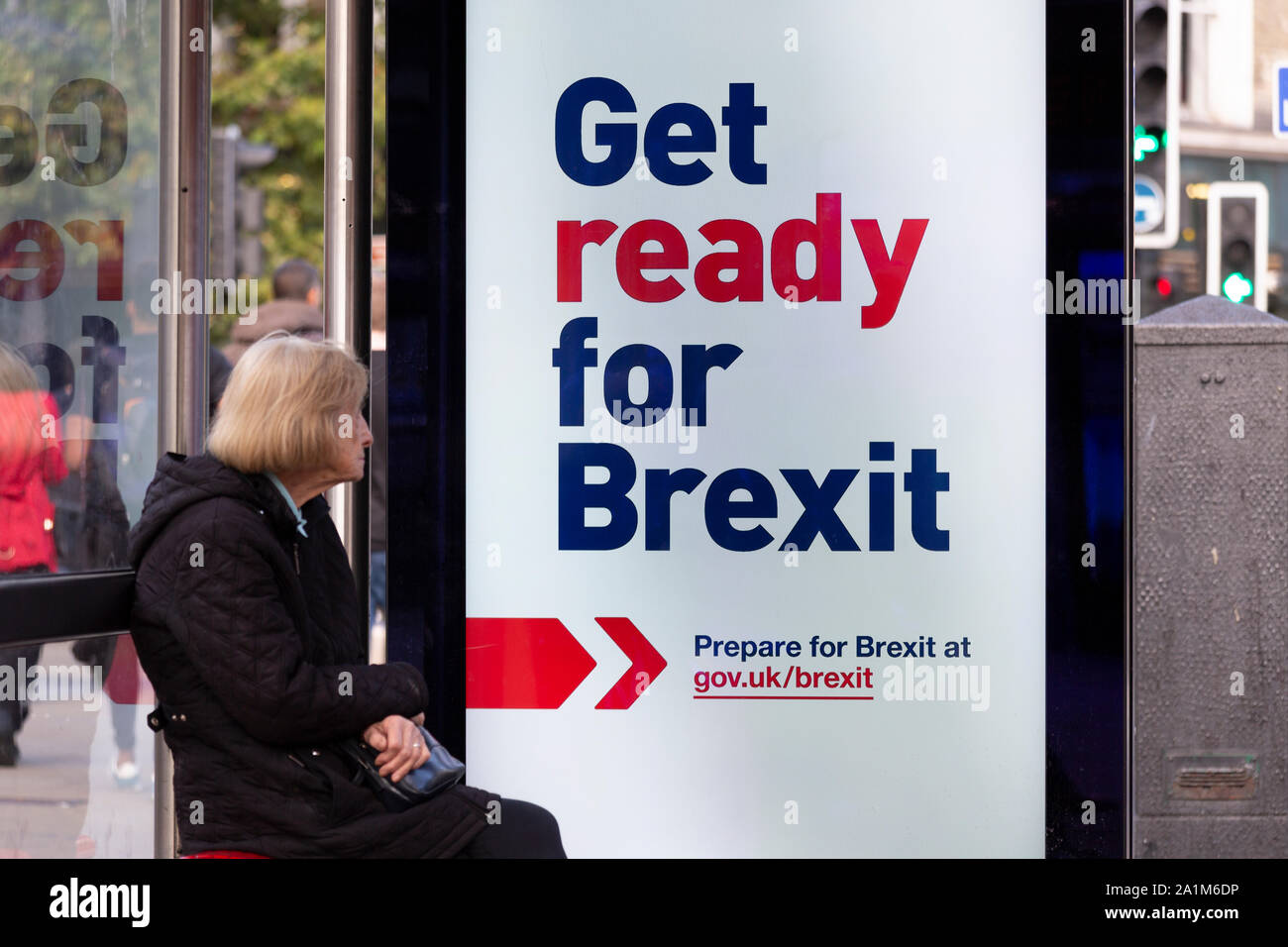 London UK. 27 September 2019. Get ready for Brexit HM Government advertising on bus shelters. Stock Photo