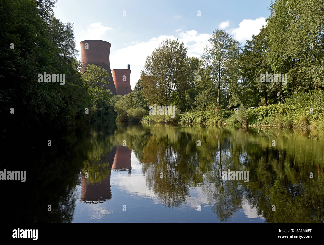 Ironbridge Power Station Cooling Towers reflected in the waters of the River Severn, Shropshire, England, Uk Stock Photo