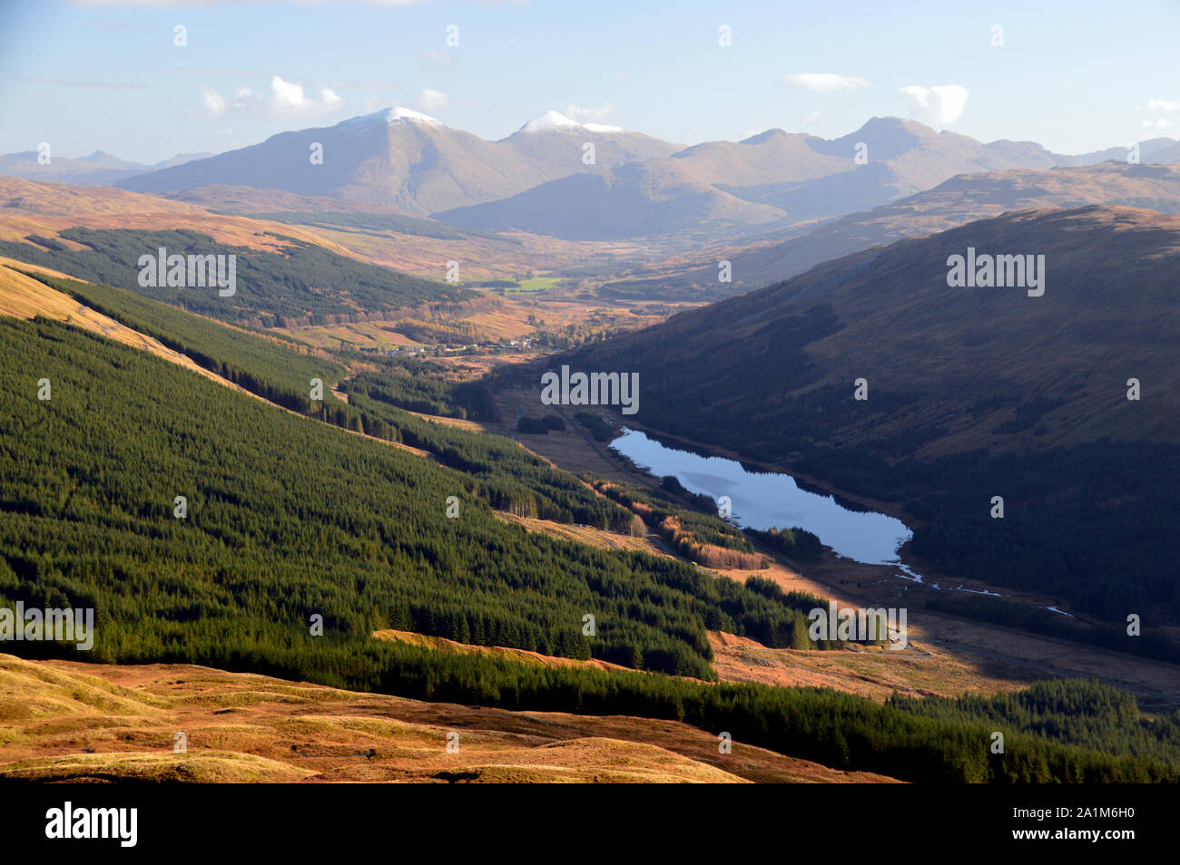 The Munros Ben More & Stob Binnein, Glen Lochy, Lochan na Bi and Tyndrum from the col between the Corbetts Beinn Bhreac-liath &  Beinn Udlaidh. Stock Photo