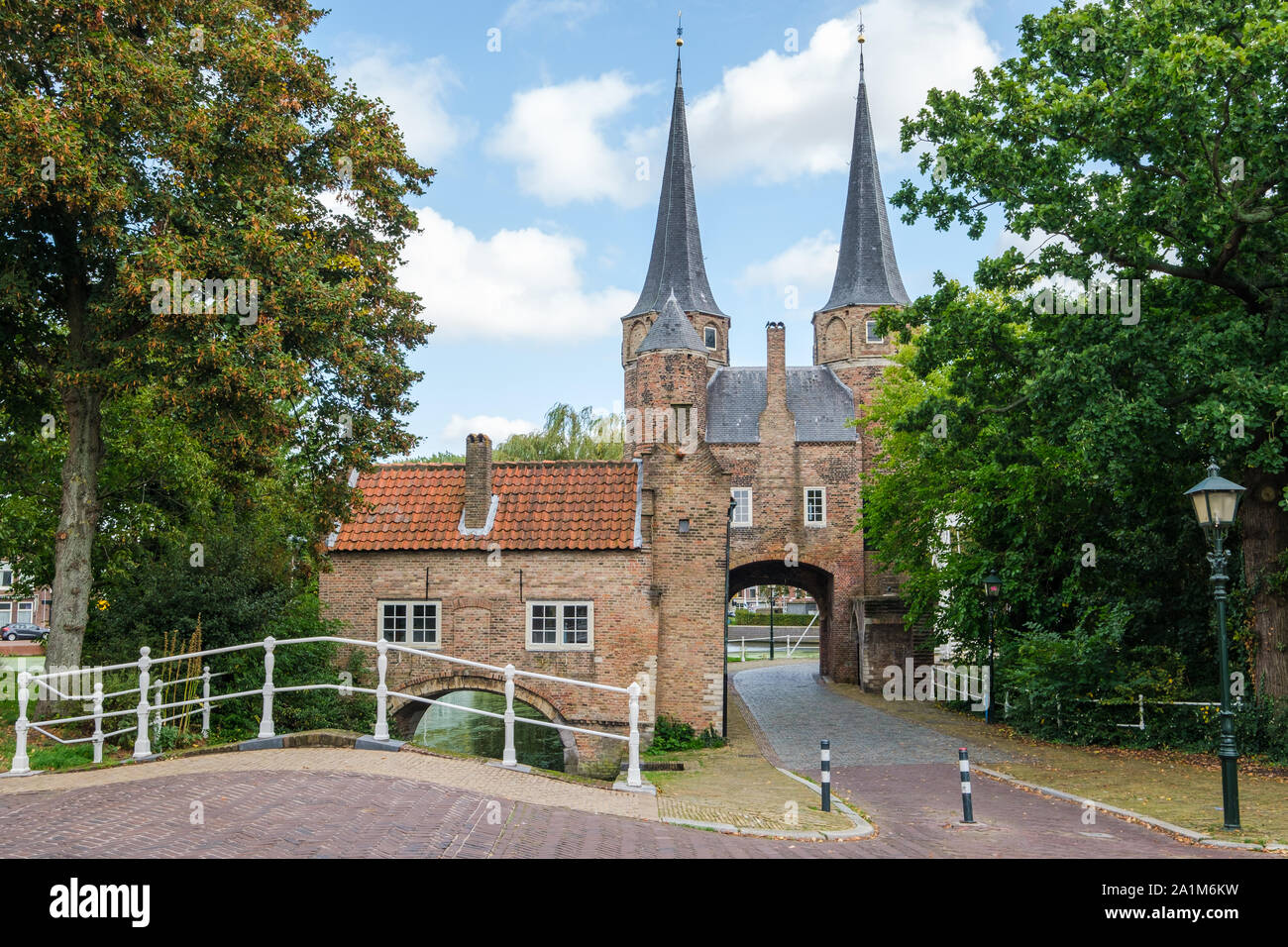 View on the Eastern Gate, an old city gate of Delft, the Netherlands. This gate build around 1400 is the only remaining city gate of Delft. Stock Photo