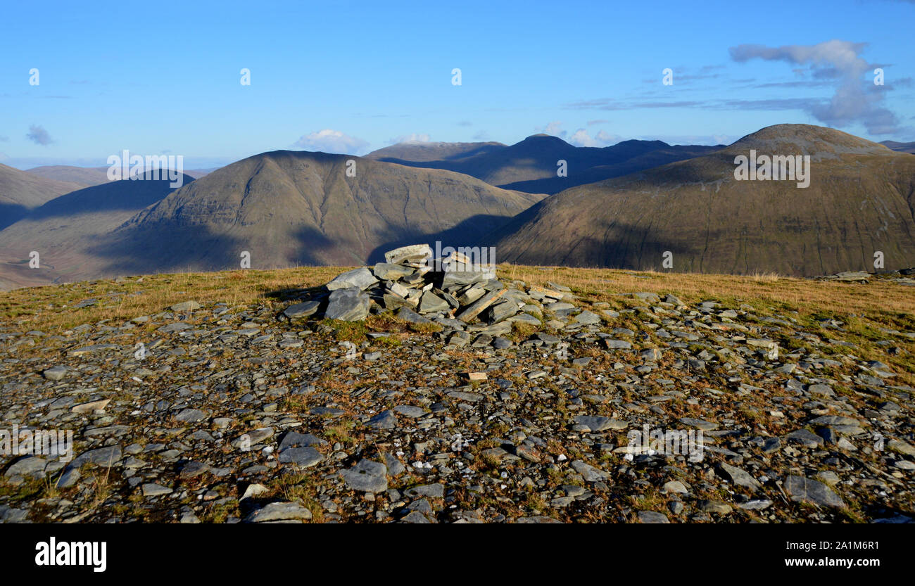 The Tyndrum Corbetts from the Pile of Stones on the Summit of the Corbett Beinn Bhreac-liath, Glen Orchy, Scottish Highlands, Scotland, UK. Stock Photo