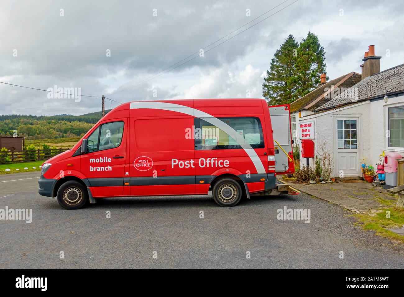 A mobile Post Office van in the village of Mossdale in Dumfries and Galloway, Scotland. Stock Photo