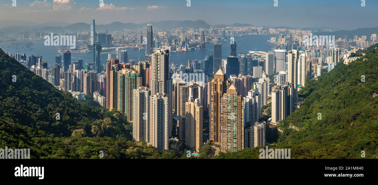 Wide Panorama of Victoria Harbour, Bay and Skyline. Taken from Victoria Peak Park on Hongkong Island. Hong Kong, China Stock Photo