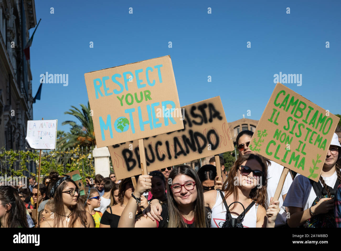 Students march with placards during the protest.Friday for the future: an international demonstration of the earth that with great student participation started from Piazza della Repubblica to Piazza Madonna di Loreto (Piazza Venezia) in Rome. Stock Photo