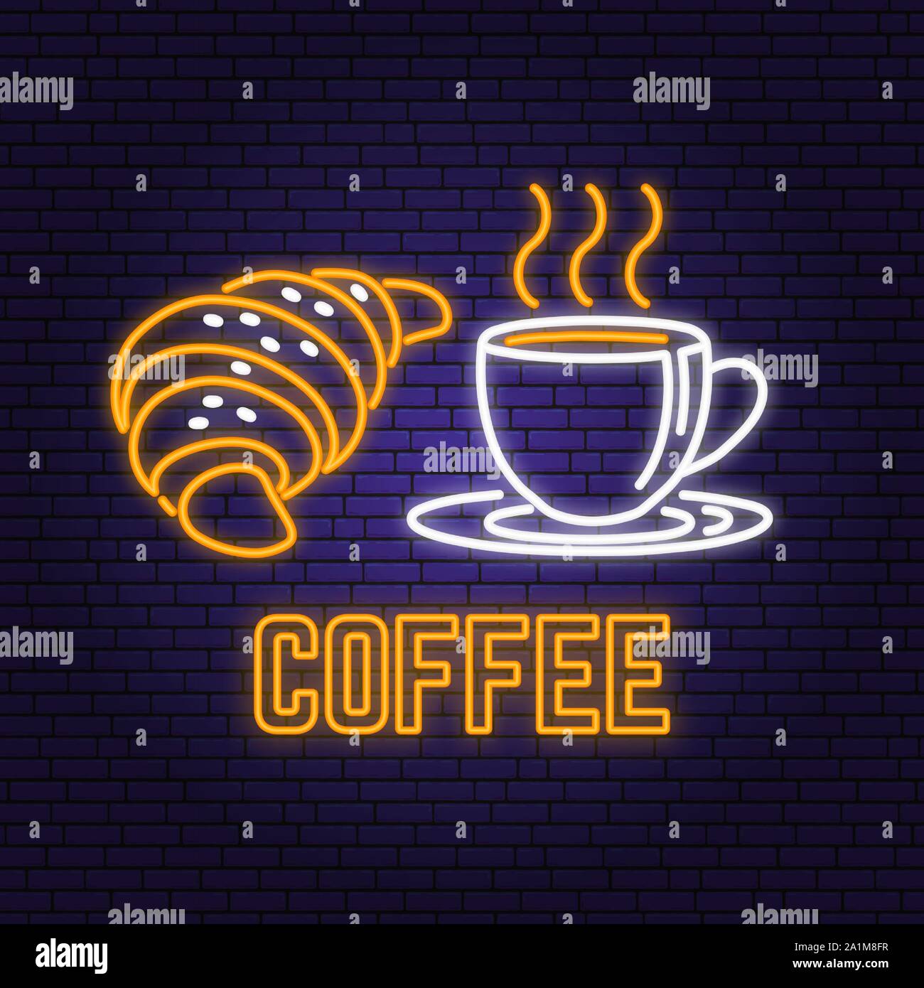 Neon coffee and croissant retro sign on brick wall background. Design