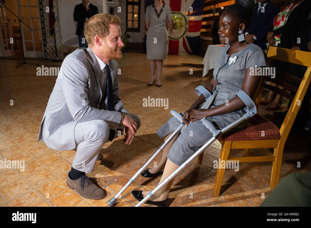 The Duke of Sussex meets landmine victim Sandra Tigica, who Princess Diana met on her visit to Angola 1997, during a reception at the British Ambassadors Residence in Luanda, Angola, on day five of the royal tour of Africa. Stock Photo