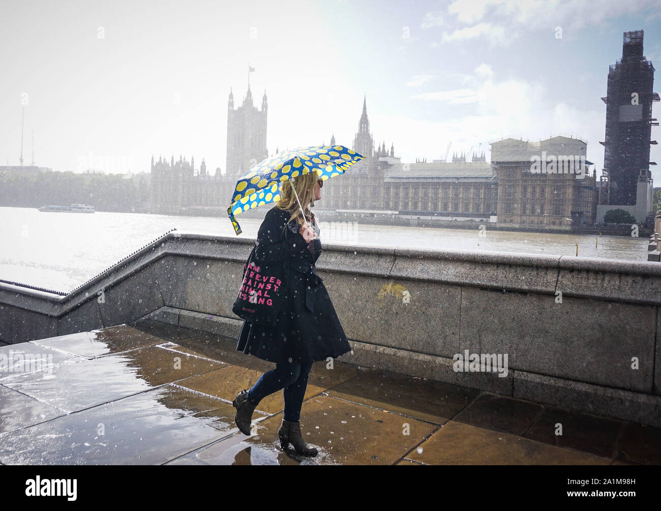 London, United Kingdom . 27th Sep, 2019. London, UK. 27 SEPTEMBER, UK  WEATHER. Heavy rain broke out on Westminster Bridge this afternoon. Photo  by (Ioannis Alexopolos/Alamy Live News Stock Photo - Alamy