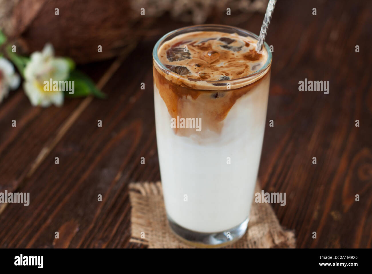 Iced Latte Coffee In A Glass With Cold Milk. Summer Drink Stock