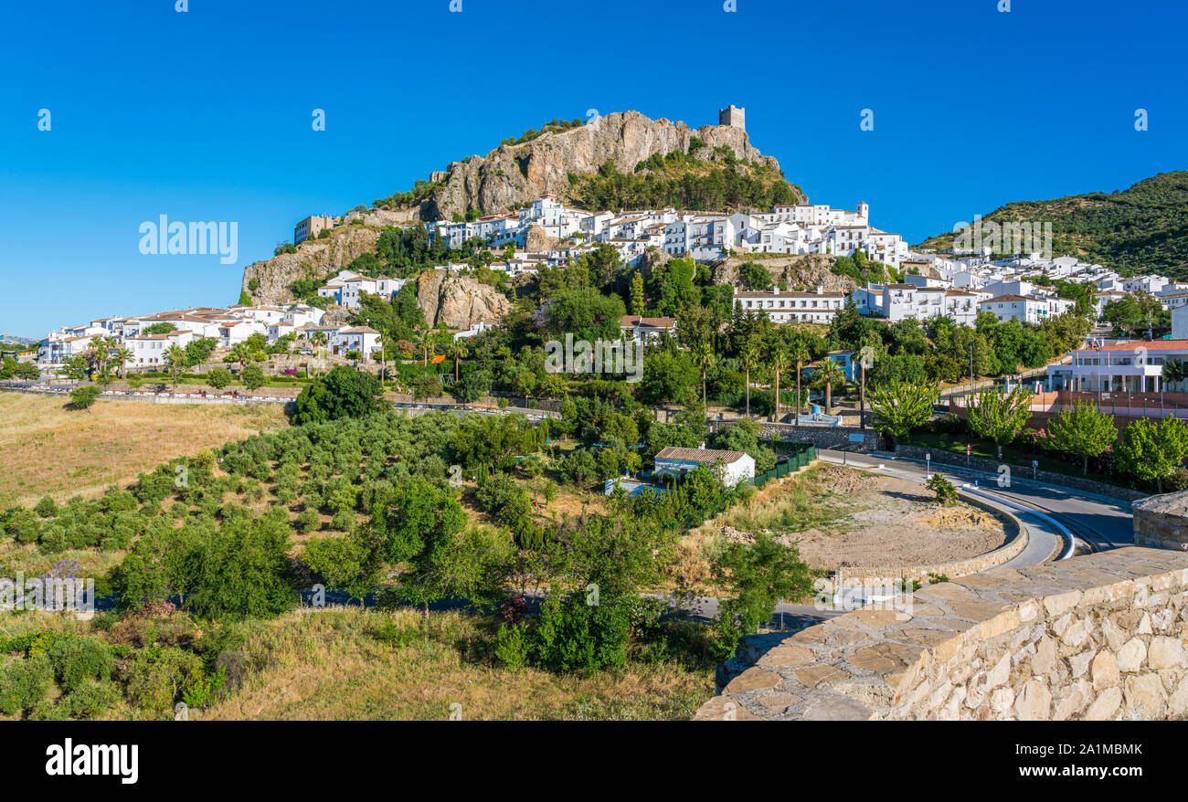 Panoramic sight of the beautiful Zahara de la Sierra, province of Cadiz, Andalusia, Spain. Stock Photo