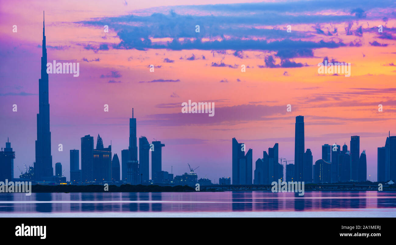 Stunning view of the silhouette of the Dubai skyline during a beautiful