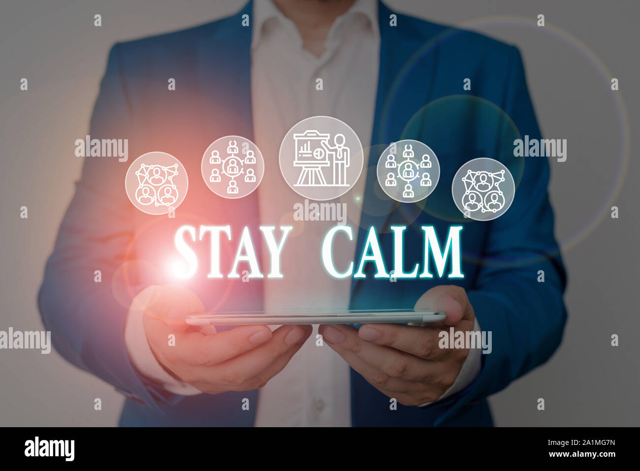 Writing note showing Stay Calm. Business concept for Maintain in a state of motion smoothly even under pressure Male wear formal work suit presenting Stock Photo