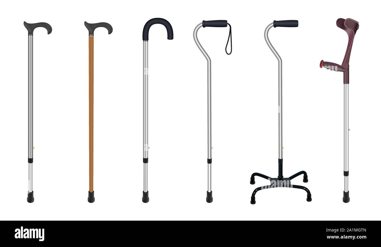 Set of walking sticks and crutches. Telescopic metal canes, wooden cane