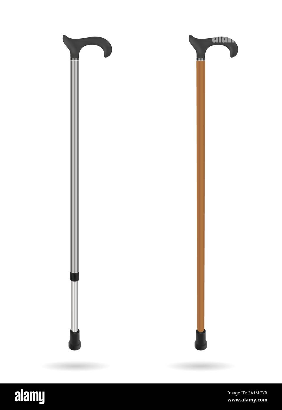 Wooden cane and metal telescopic cane with elegant ergonomic handle. Isolated objects on white