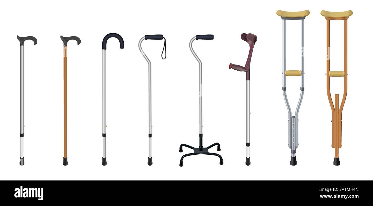 Set of walking sticks and crutches. Telescopic metal canes, wooden cane