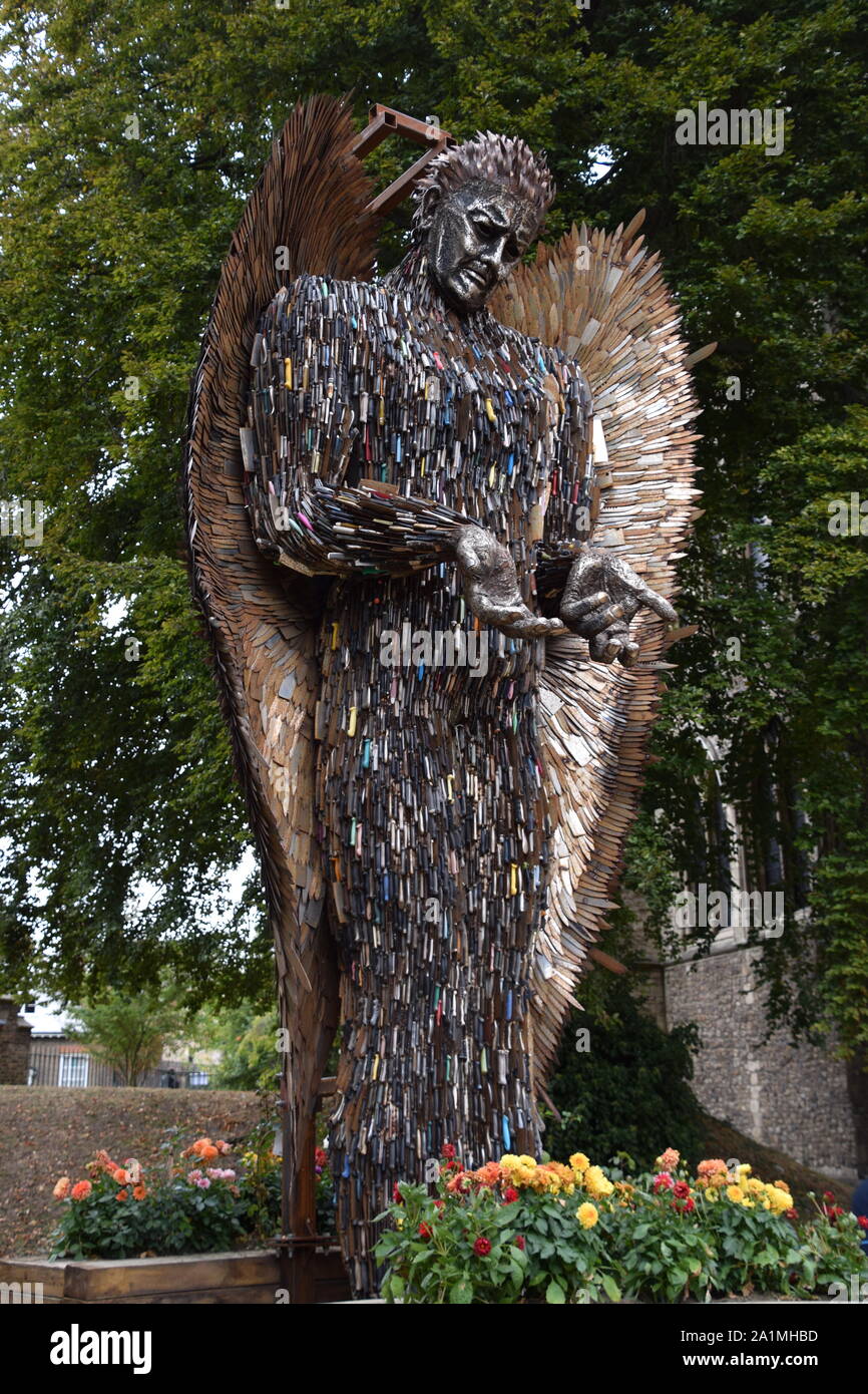 Artist  Alfie Bradley created the Knife Angel made from knives handed into knife banks, with the consent of those affected by knife crime. Stock Photo