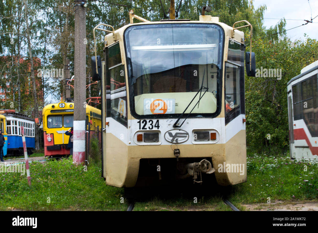 Modern tram models arrived at the depot.  Russia Stock Photo