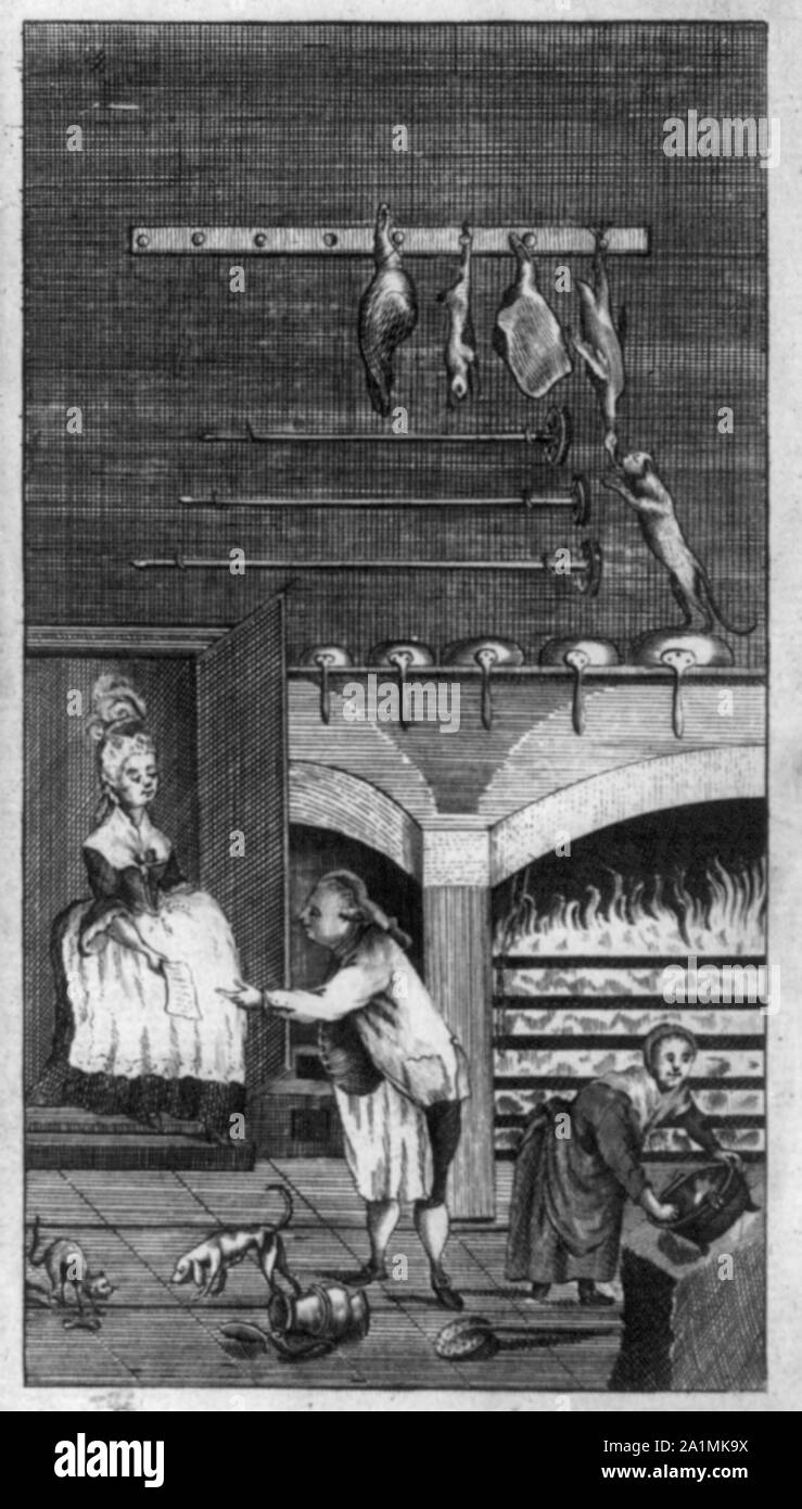 Old woman scouring a cooking pot in front of large kitchen fire. Lady ...