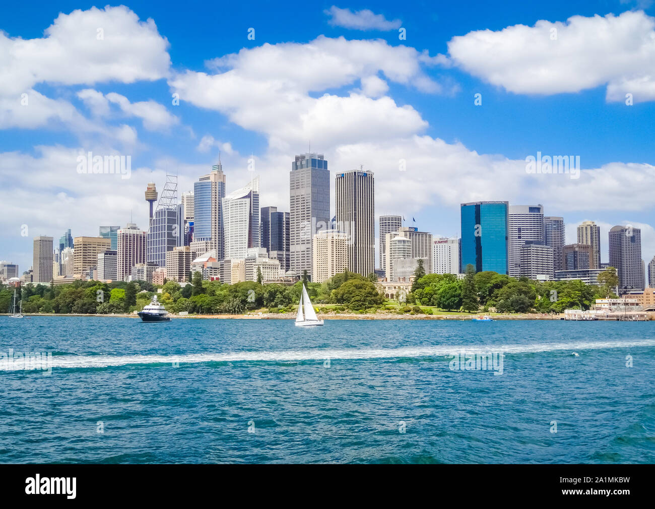 Stock photograph of the city skyline of Sydney, Australia with boats in the foreground. Stock Photo