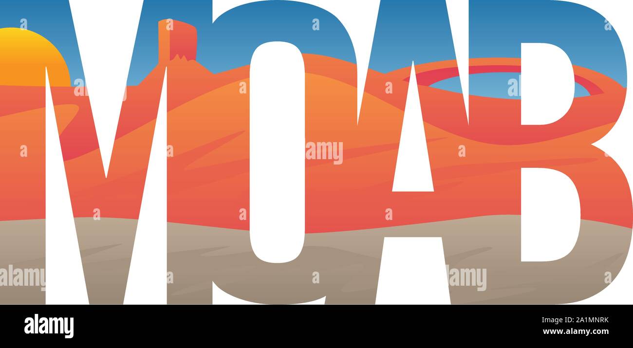Moab Scene with Red Rocks, Mesa and Arch, Typography Vector Illustration Stock Vector
