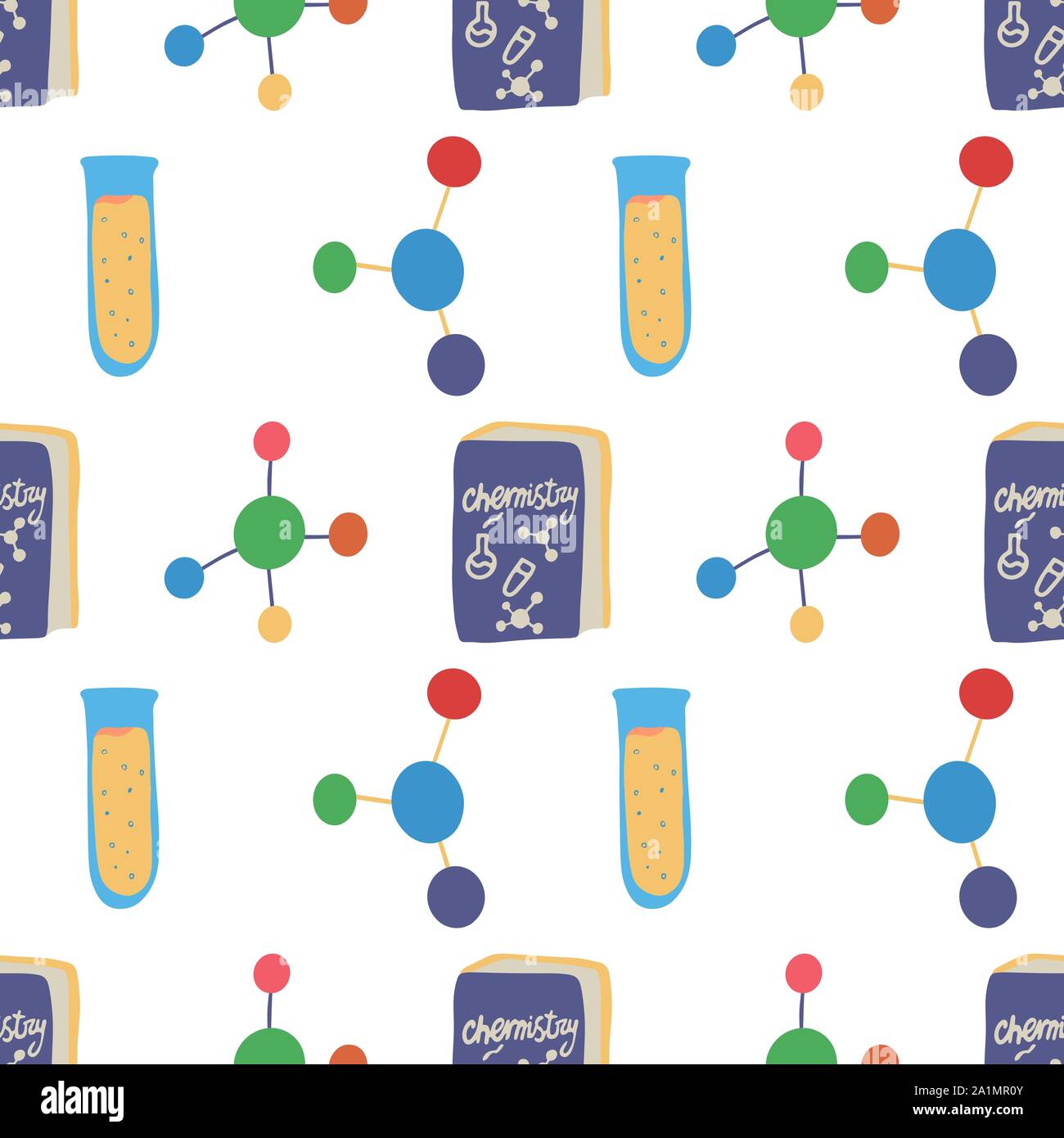 Seamless pattern with chemistry tube, molecule structure and book for wallpaper design. Science