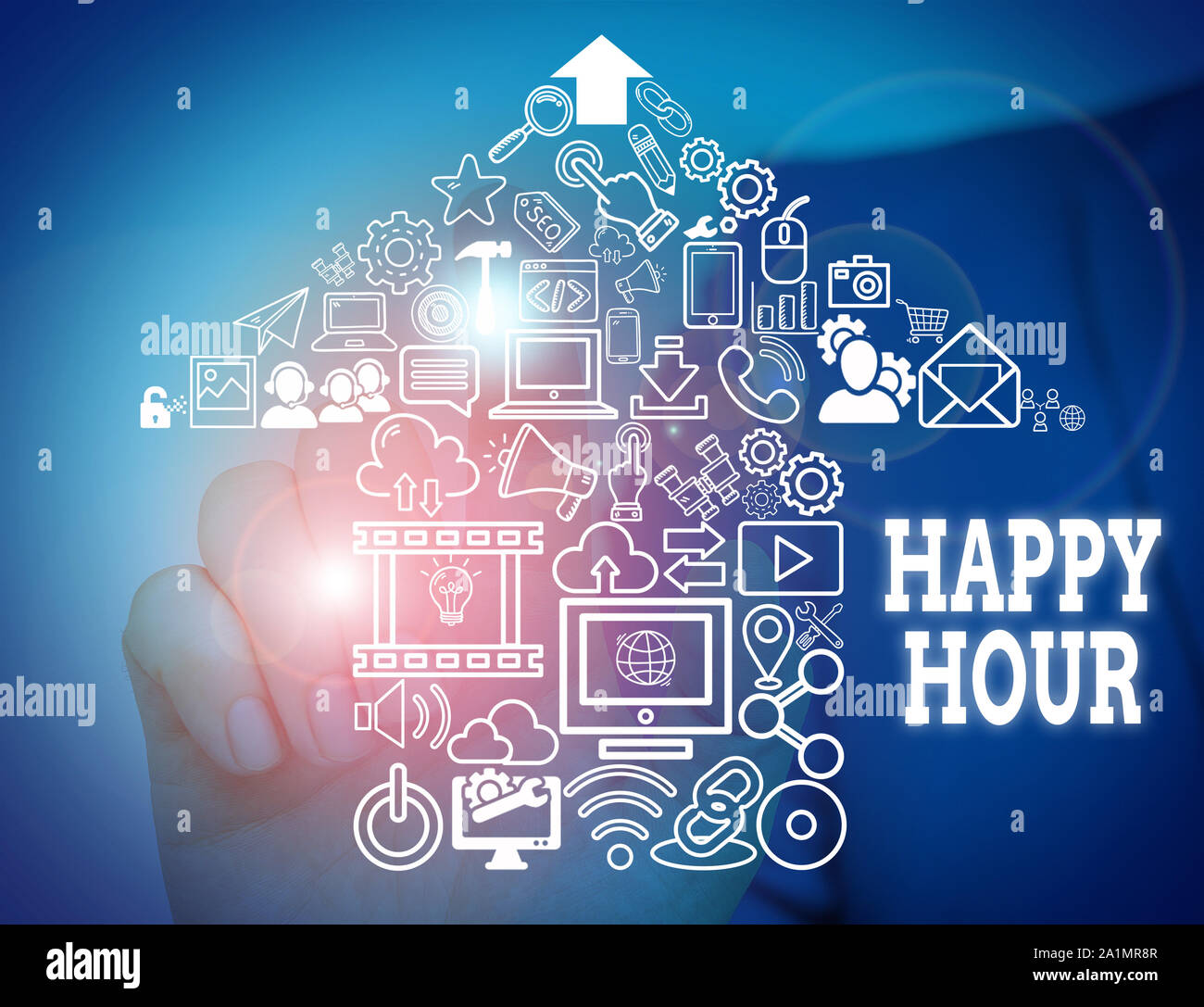 Conceptual hand writing showing Happy Hour. Concept meaning Spending time for activities that makes you relax for a while Male wear formal suit presen Stock Photo