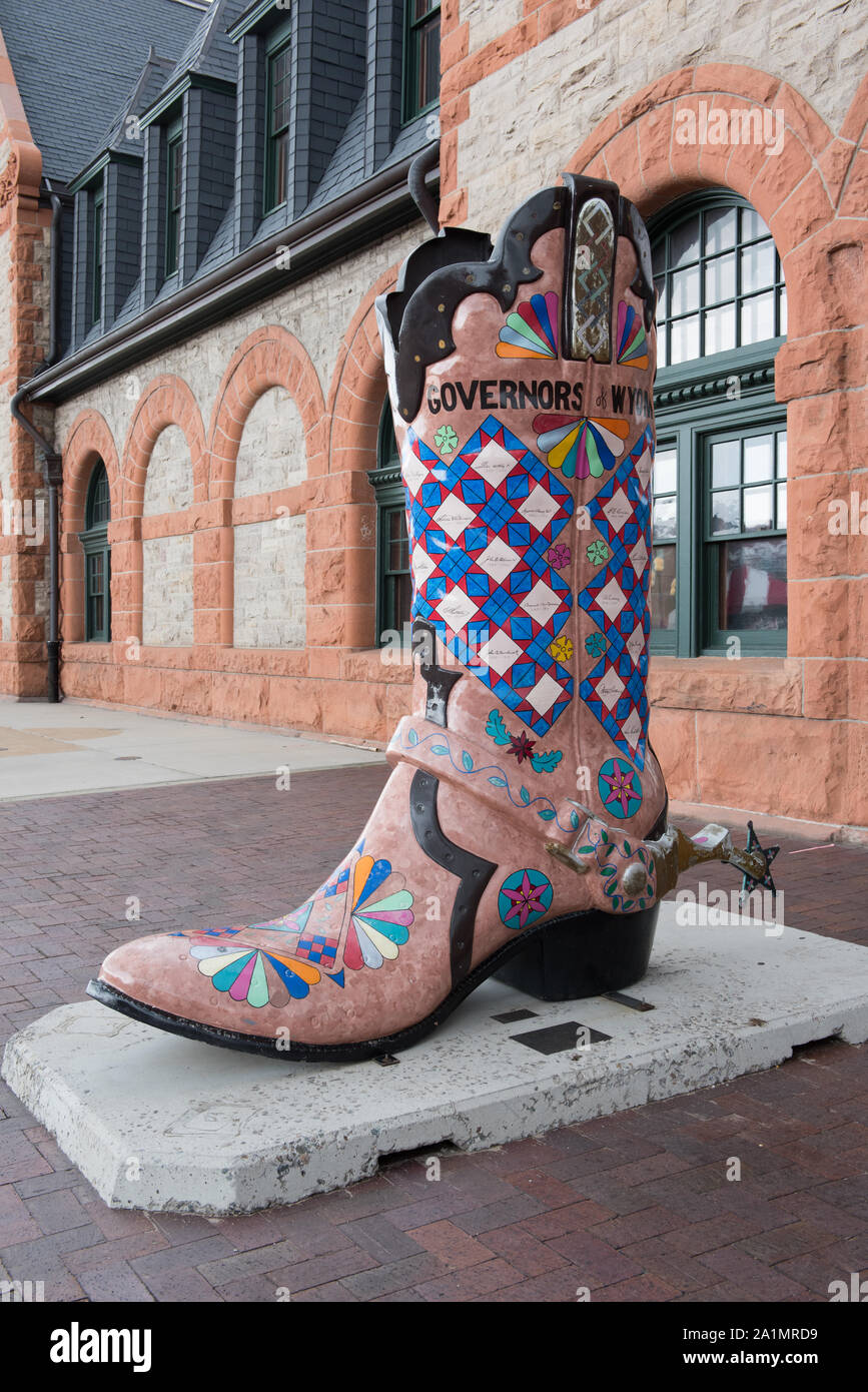 One of 19 colorful giant boots, a signature of Cheyenne, Wyoming, found throughout downtown Stock Photo