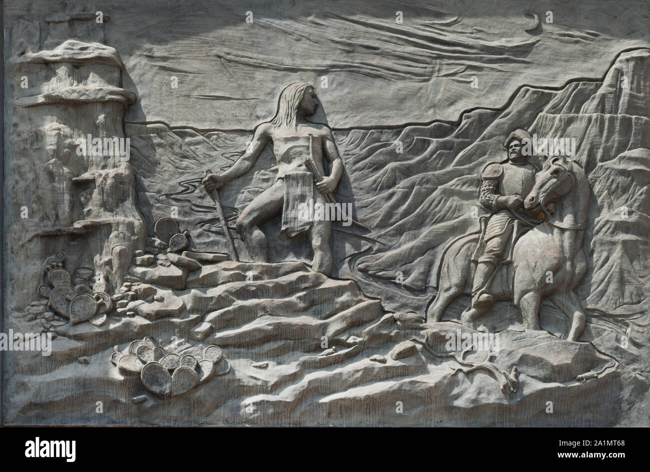 One of six 11-by-16-foot concrete panels portraying a moment in Texas history on the wall of the Bob Bullock State History Museum in Austin, Texas Stock Photo