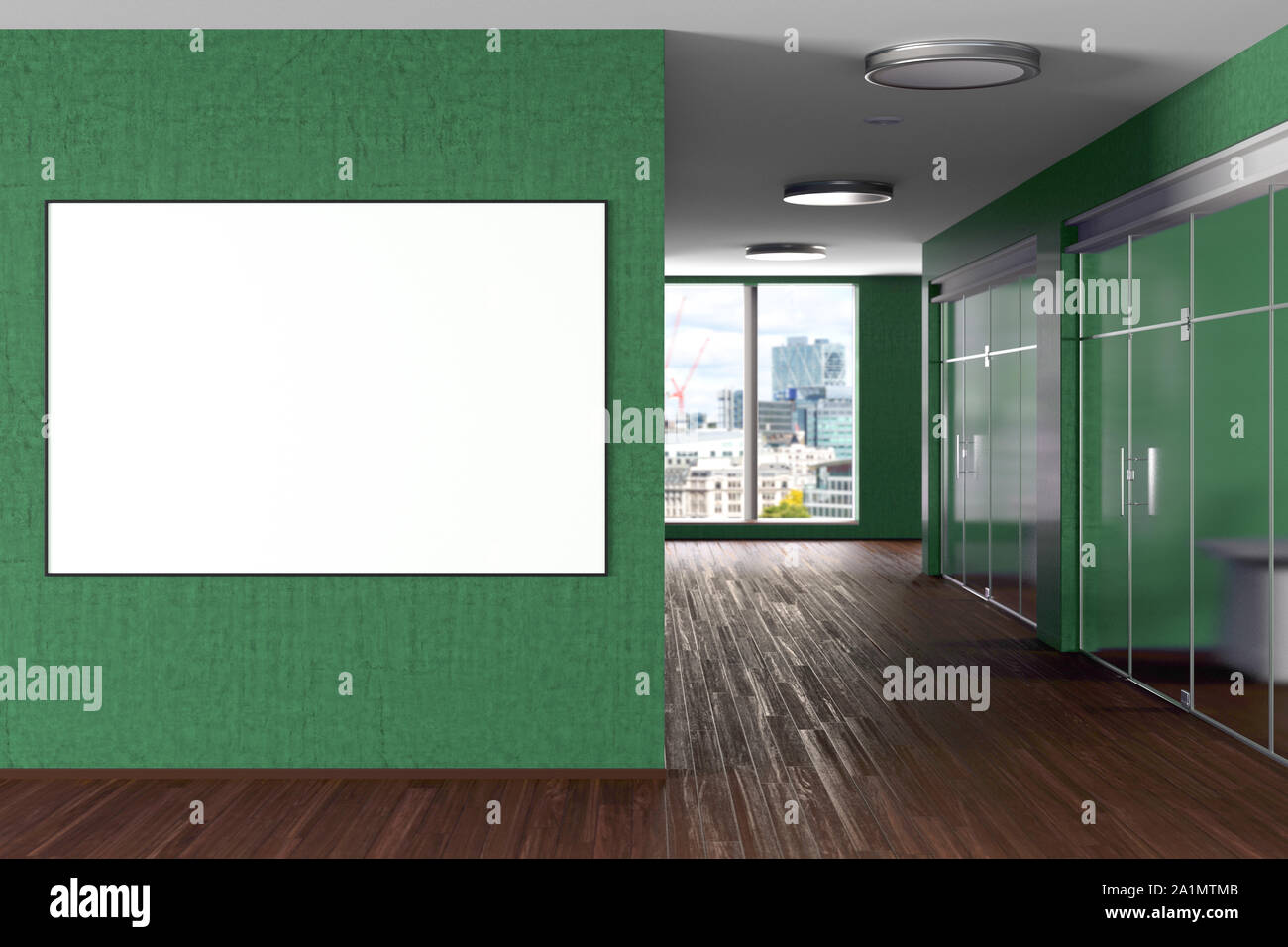 Blank horizontal poster on the wall in green modern office interior. 3d
