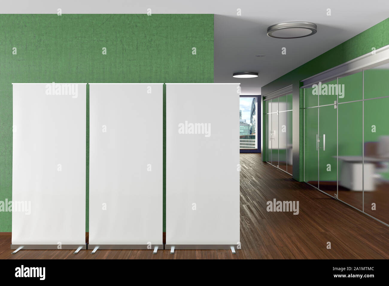 Three Blank Roll Up Banner Stands Mockup In Green Modern Office