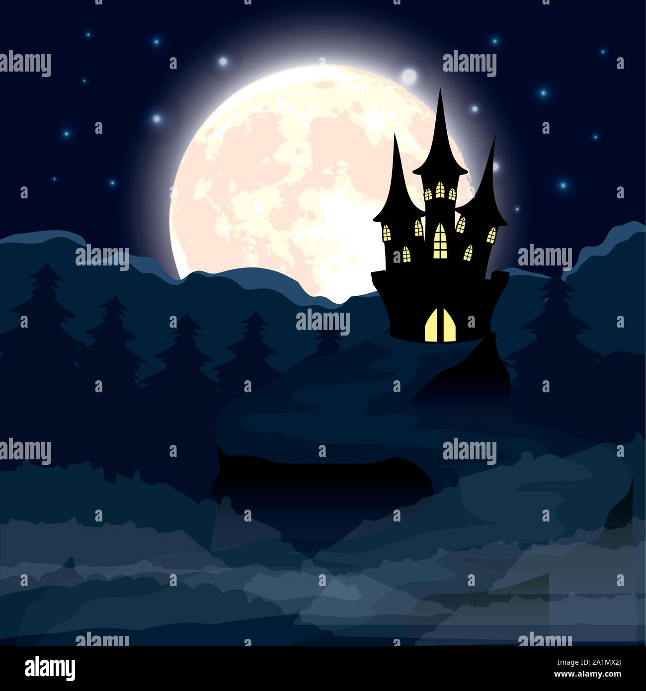 halloween dark night scene with castle Stock Vector Image & Art - Alamy